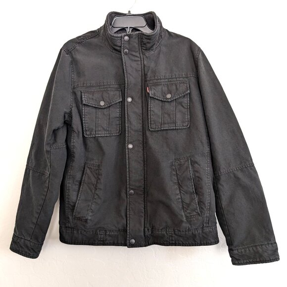 LEVIS Jacket Men's S Black Denim Trucker Mock Neck Snap Pockets Casual Biker - Picture 1 of 14